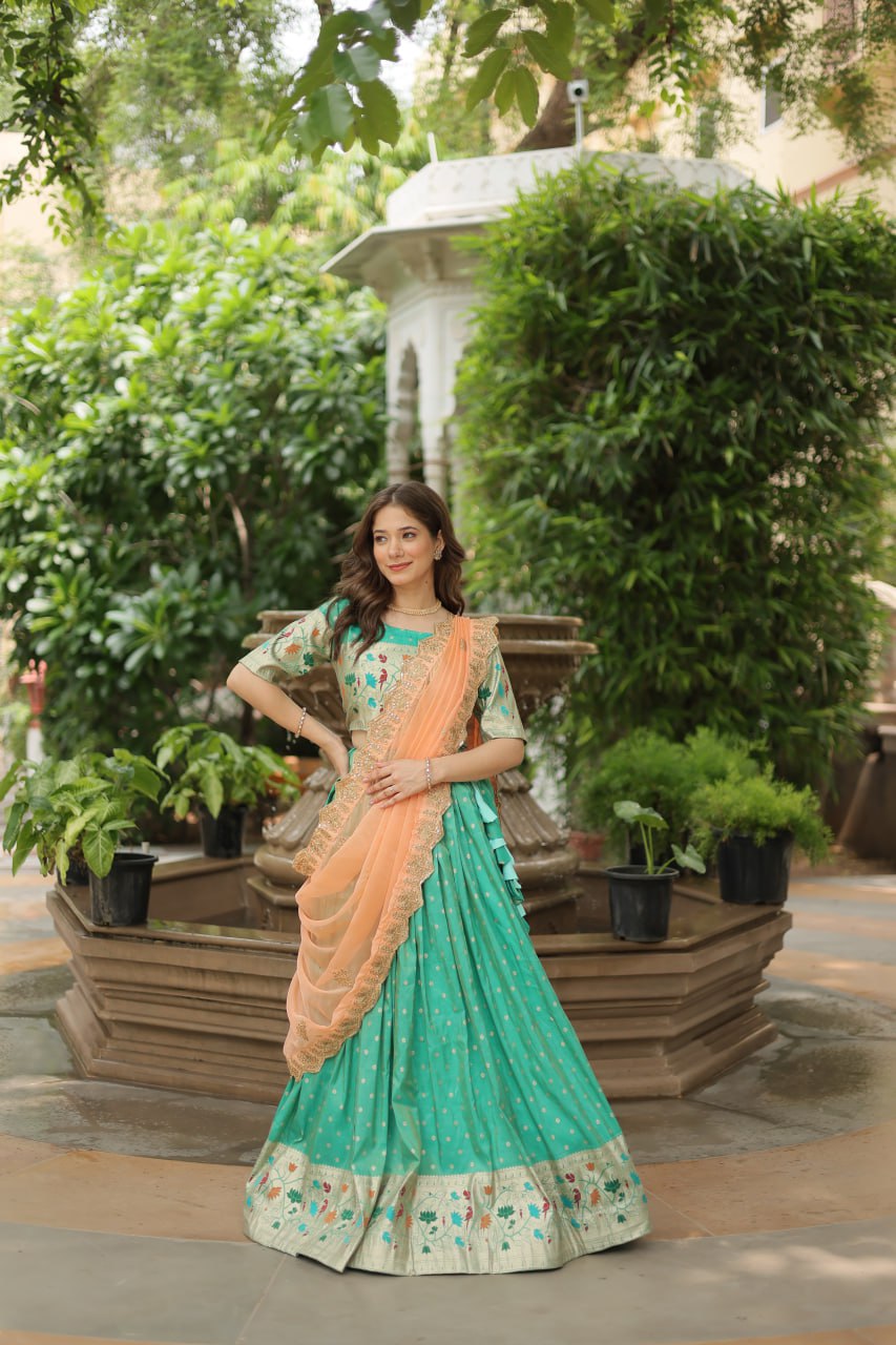 Woven Art Silk Jacquard Lehenga In Sea Green By WTW