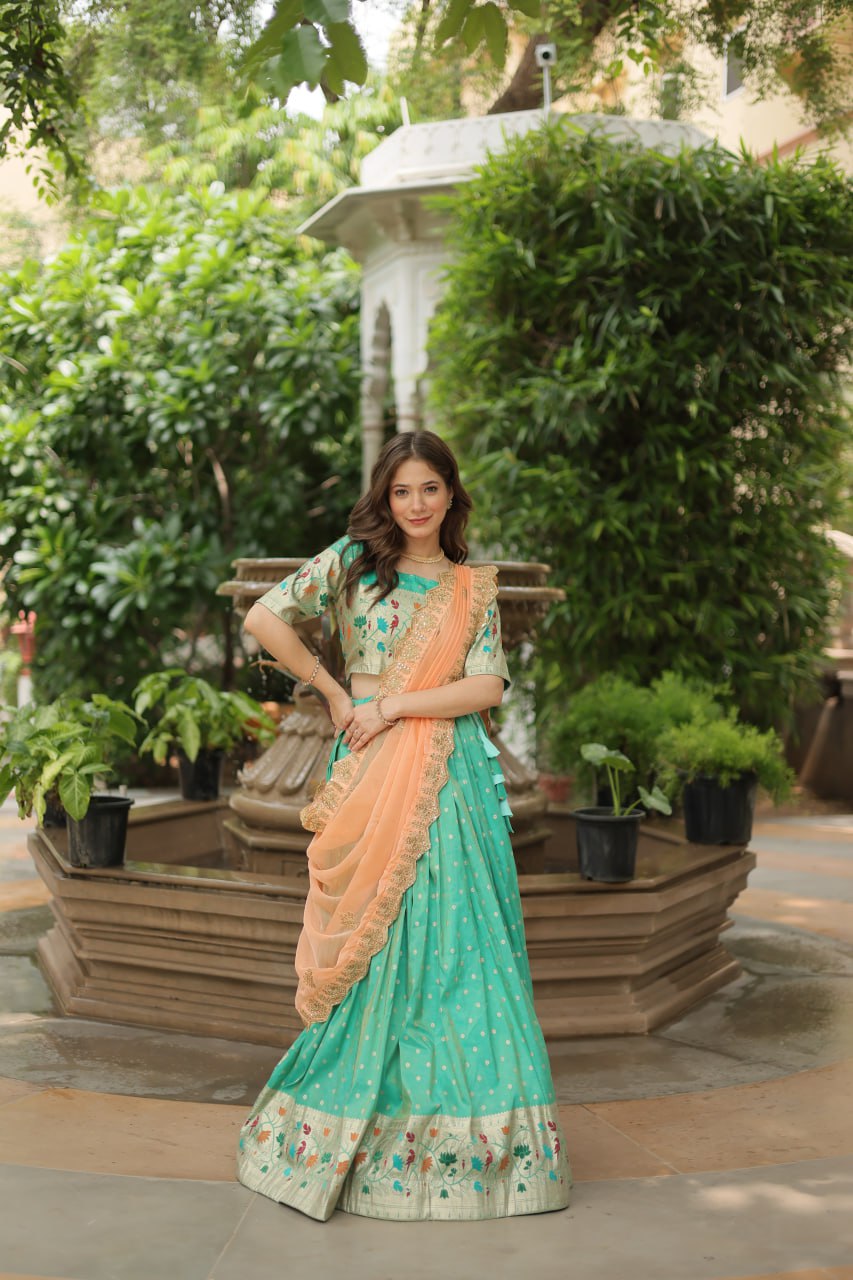 Woven Art Silk Jacquard Lehenga In Sea Green By WTW