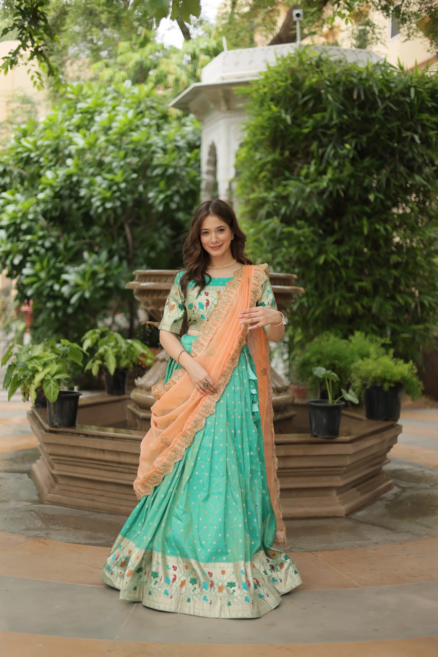 Woven Art Silk Jacquard Lehenga In Sea Green By WTW