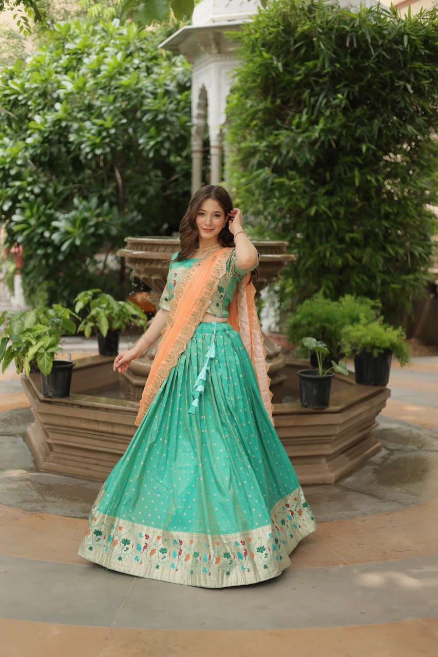 Woven Art Silk Jacquard Lehenga In Sea Green By WTW