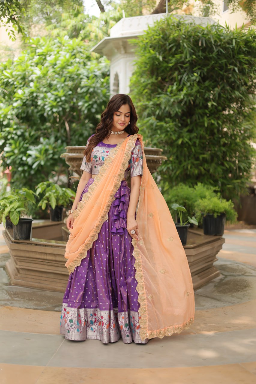 Woven Art Silk Jacquard Lehenga In Purple By WTW