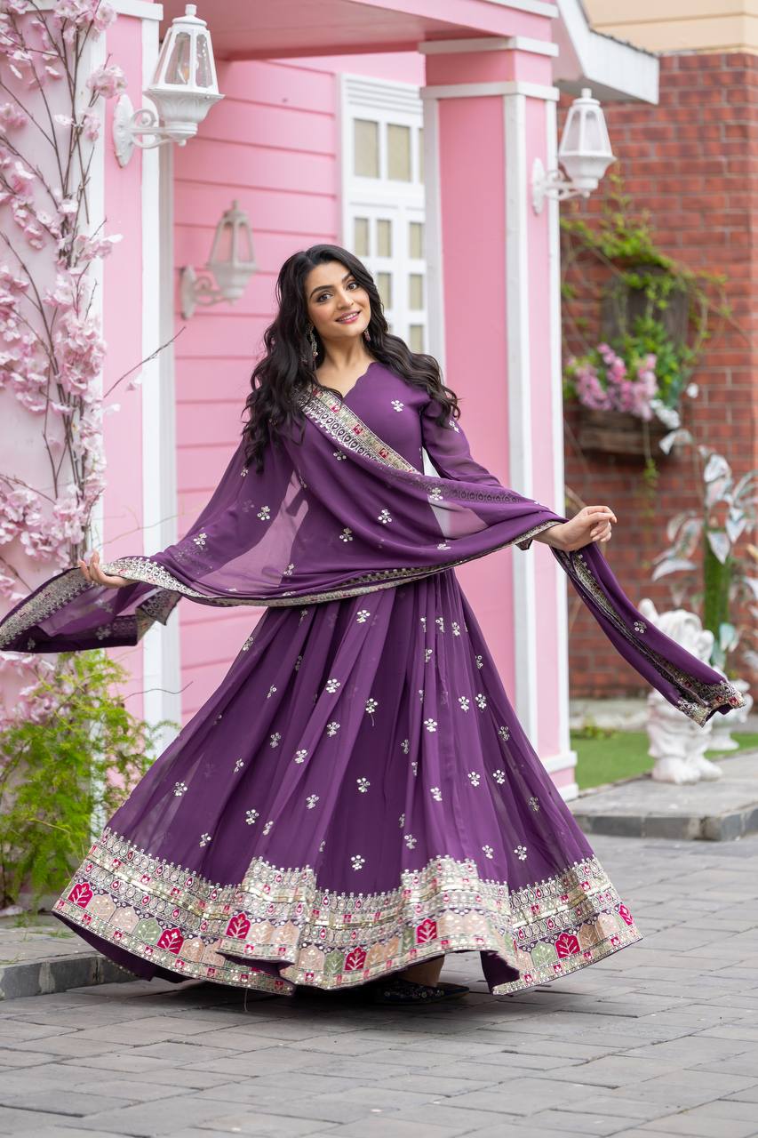Exotic Purple Color Faux Georgette With Embroidery Sequence Work Anarkali Gown By WTW