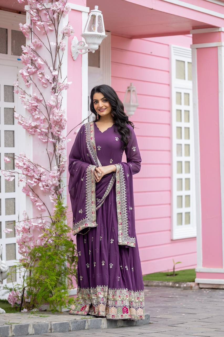 Exotic Purple Color Faux Georgette With Embroidery Sequence Work Anarkali Gown By WTW