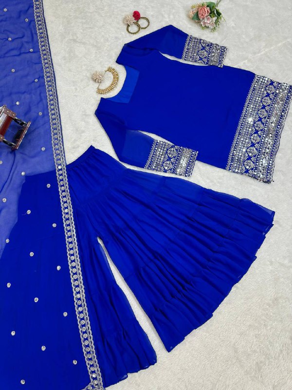 Royal Blue Faux Georgette Sequence Work Sharara Suit By WTW