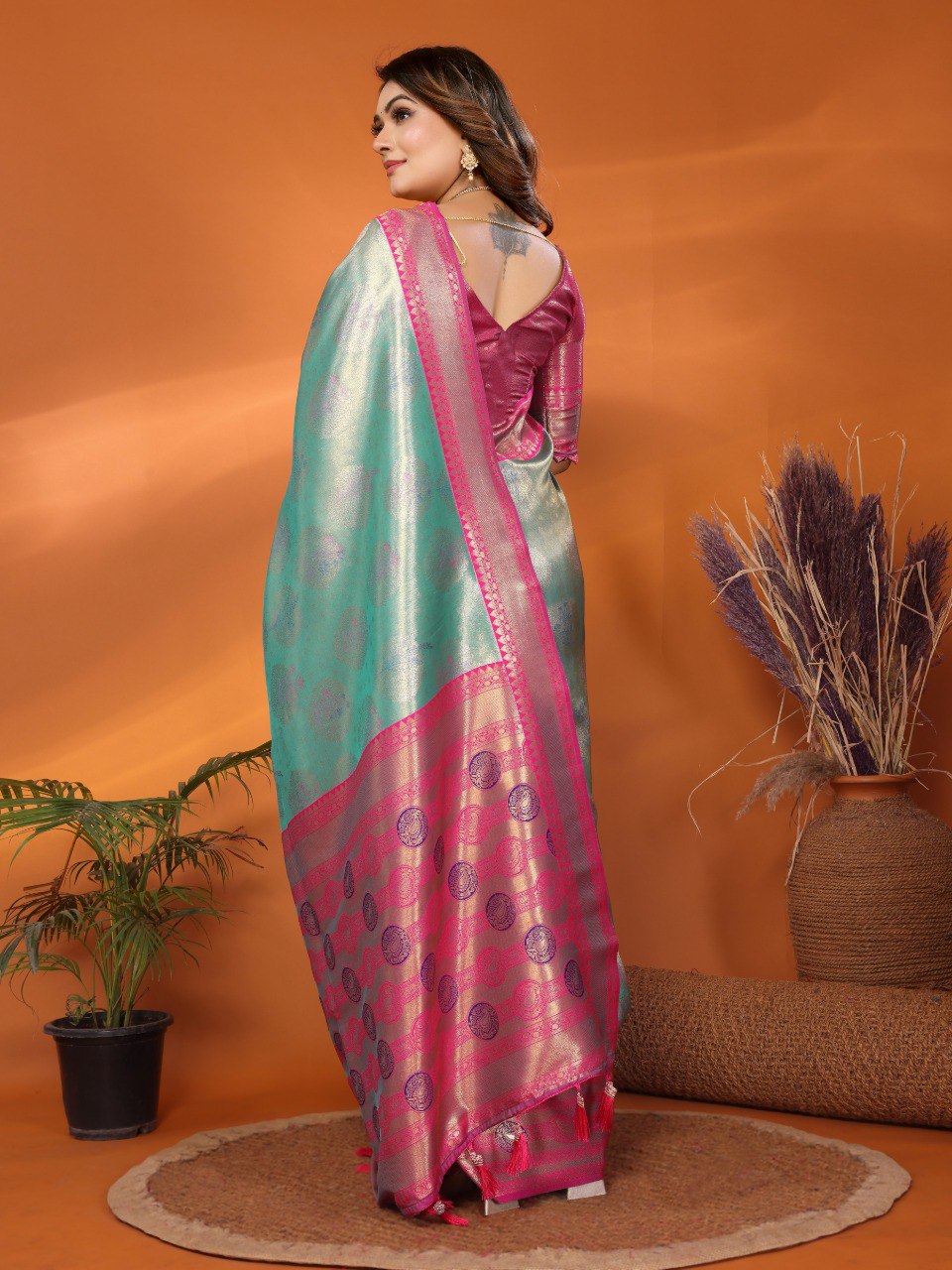 Sea Green Premium Banarasi Tissue Silk Saree With Zari Weaving Work  By WTW