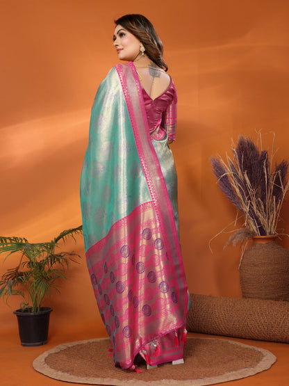 Sea Green Premium Banarasi Tissue Silk Saree With Zari Weaving Work  By WTW