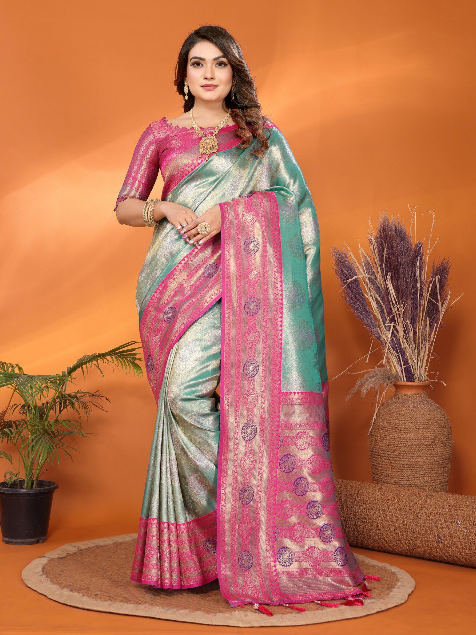 Sea Green Premium Banarasi Tissue Silk Saree With Zari Weaving Work  By WTW
