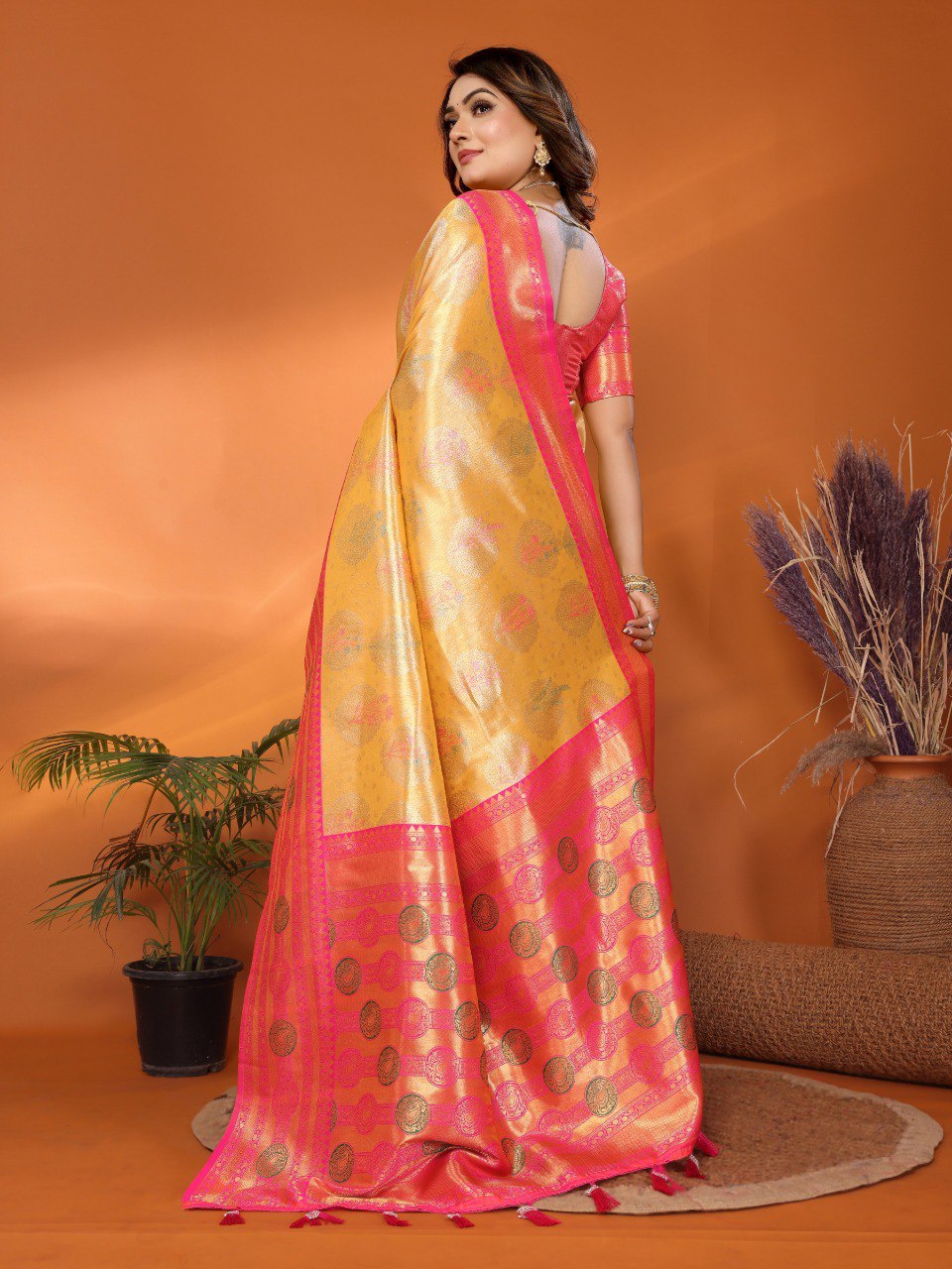 Preferable Banarasi Silk Yellow & Pink Color Saree By WTW