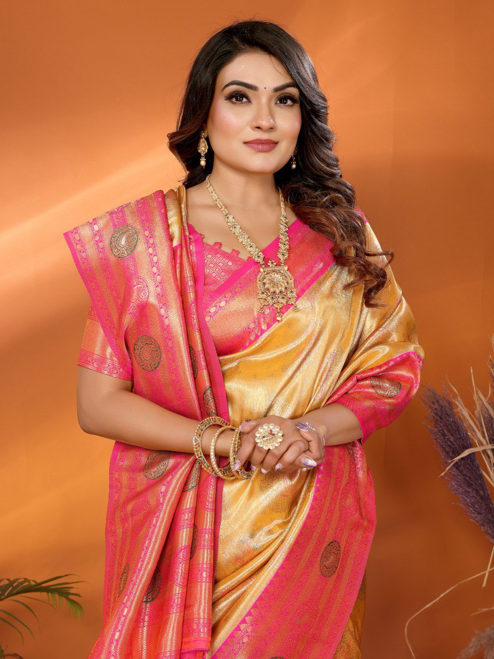 Preferable Banarasi Silk Yellow & Pink Color Saree By WTW