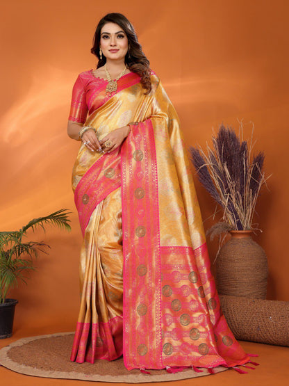 Preferable Banarasi Silk Yellow & Pink Color Saree By WTW