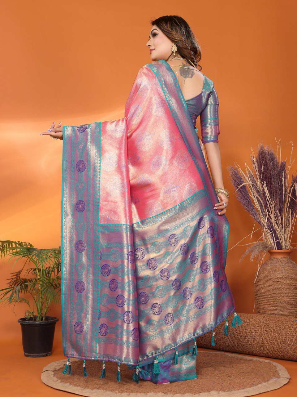 Decent Paithani Banarasi Silk Sky Pink & Teal Blue Color Saree By WTW