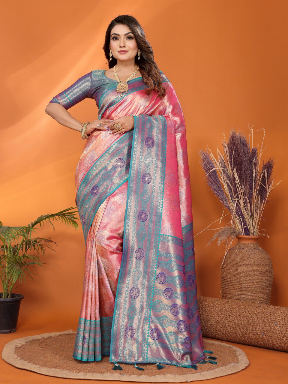 Decent Paithani Banarasi Silk Sky Pink & Teal Blue Color Saree By WTW