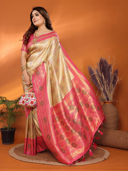 Preferable Banarasi Silk Yellow & Pink Color Saree By WTW
