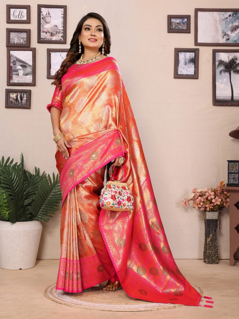 Presenting Paithani Banarasi Silk Orange & Pink Color Saree By WTW