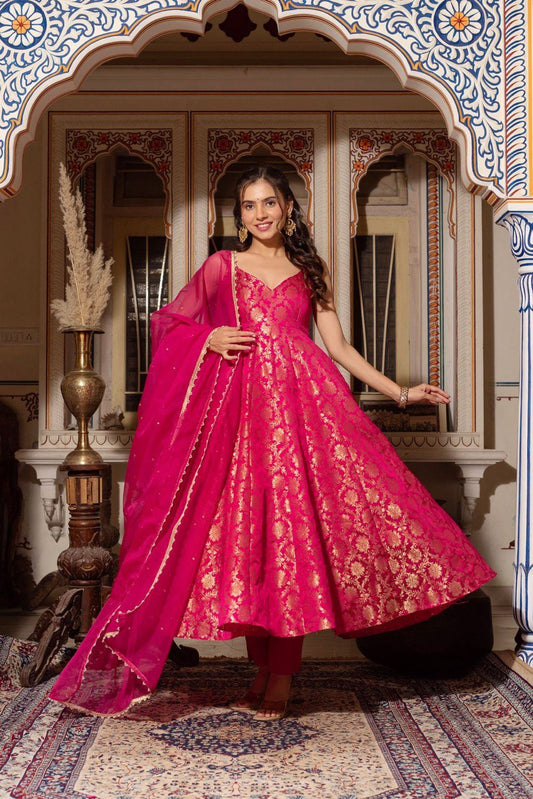 Rani Pink Color Jacquard Silk Three Piece Anarkali Suit By WTW