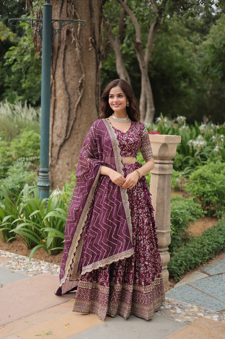 Gorgeous Wine Sequins Jacquard Sangeet Wear Lehenga Choli By WTW