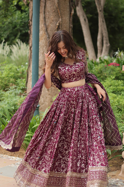 Gorgeous Wine Sequins Jacquard Sangeet Wear Lehenga Choli By WTW