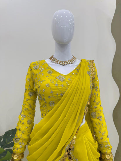 Pretty Yellow Color Foix Georgette Sequence With Coin Lace Border Lehenga Saree By WTW