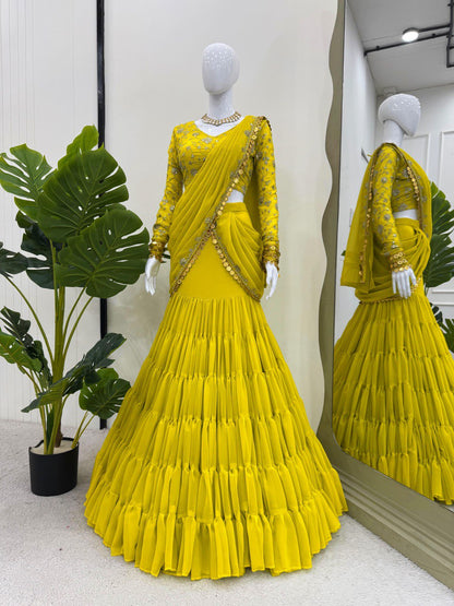 Pretty Yellow Color Foix Georgette Sequence With Coin Lace Border Lehenga Saree By WTW