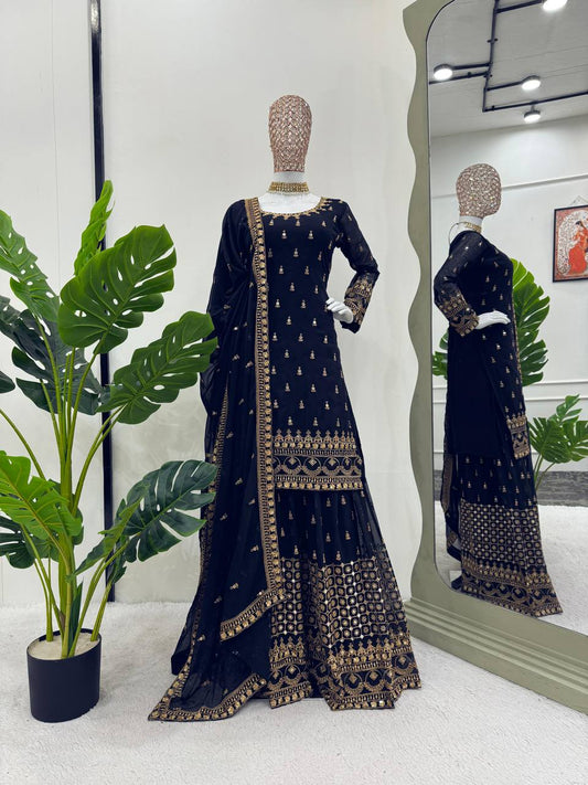 Navy Blue Georgette Kurta Palazzo Set With Embroidery Work and Dupatta BY WTW
