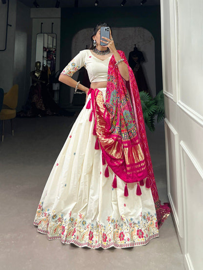 Fancy Cotton White With Red Lotus Pattern Lehenga By WTW