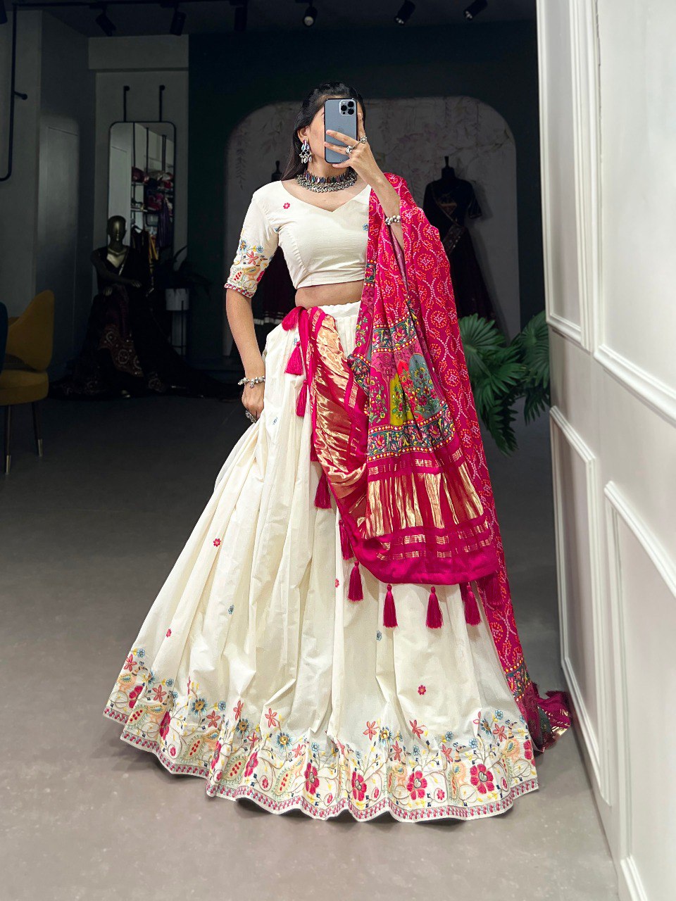 Fancy Cotton White With Red Lotus Pattern Lehenga By WTW