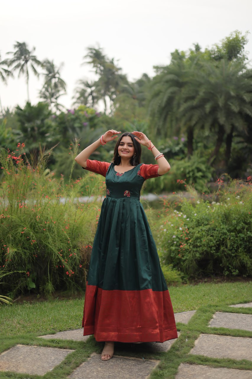 Enchanting Green Zari Weaving Banarasi Silk Festival Wear Gown By WTW