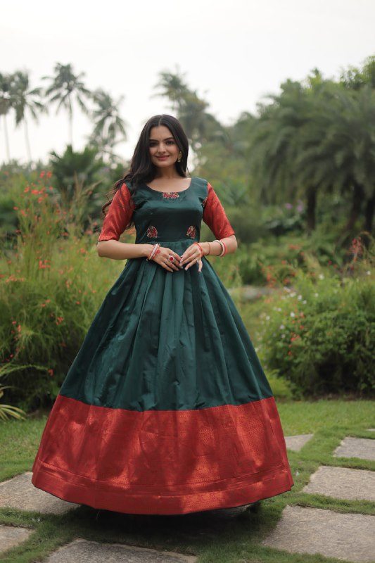 Enchanting Green Zari Weaving Banarasi Silk Festival Wear Gown By WTW