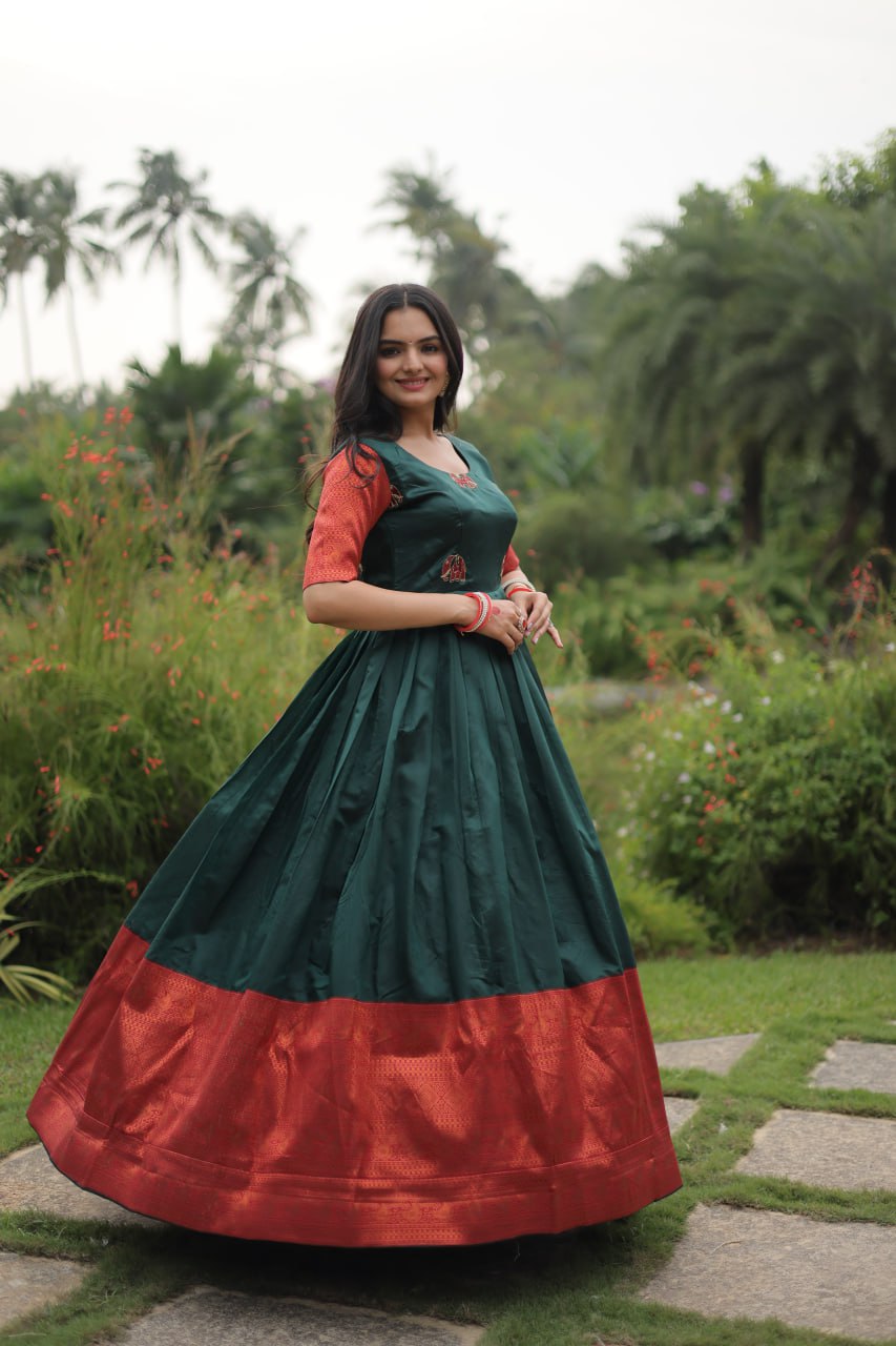 Enchanting Green Zari Weaving Banarasi Silk Festival Wear Gown By WTW