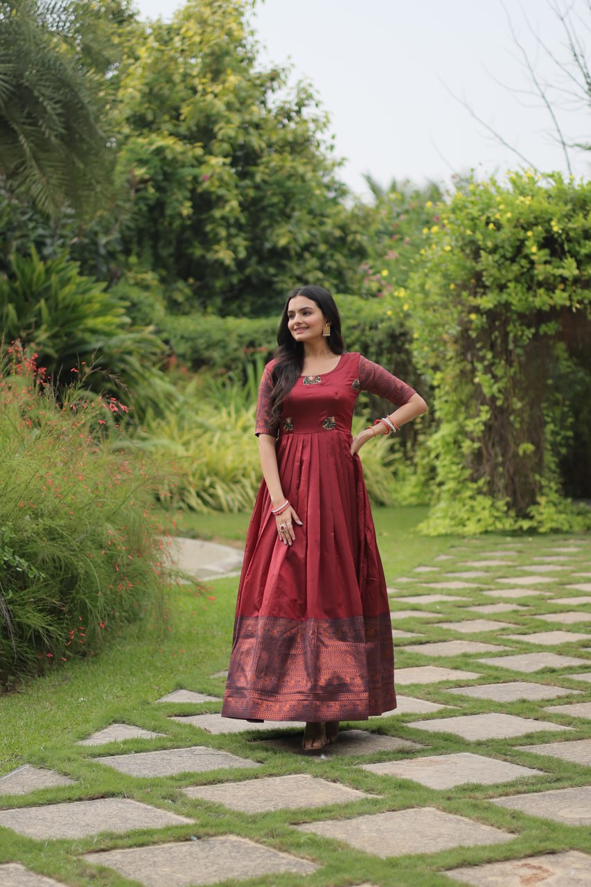 Enchanting Maroon Zari Weaving Banarasi Silk Festival Wear Gown By WTW