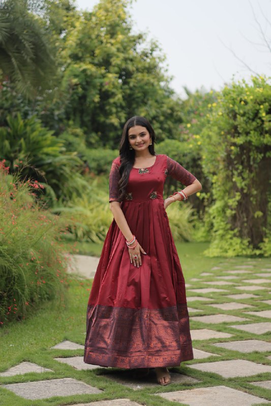 Enchanting Maroon Zari Weaving Banarasi Silk Festival Wear Gown By WTW