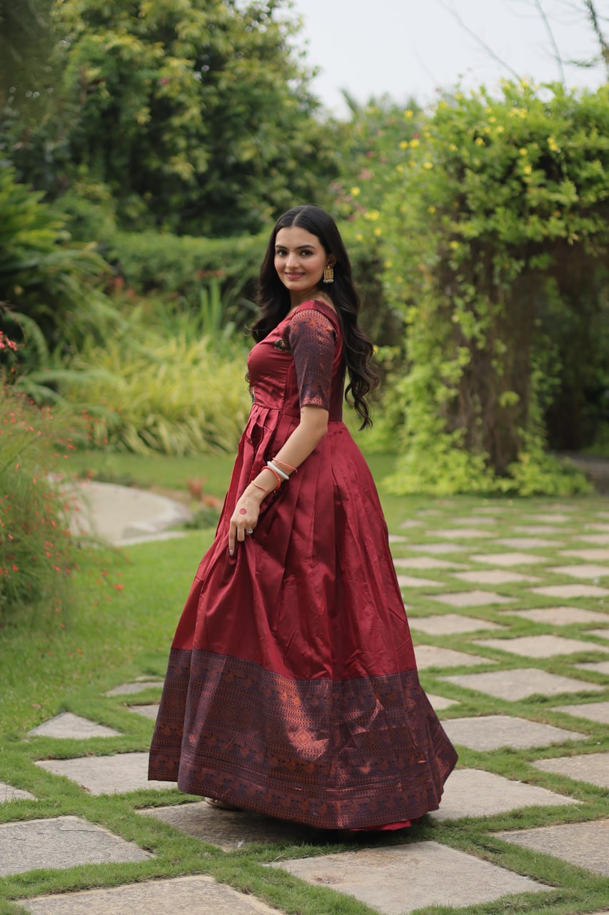 Enchanting Maroon Zari Weaving Banarasi Silk Festival Wear Gown By WTW