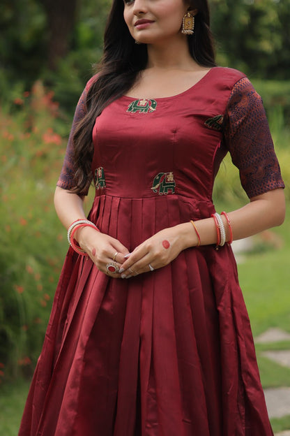 Enchanting Maroon Zari Weaving Banarasi Silk Festival Wear Gown By WTW