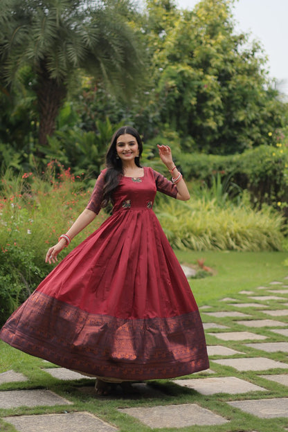 Enchanting Maroon Zari Weaving Banarasi Silk Festival Wear Gown By WTW