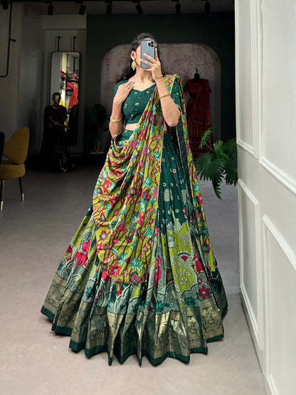 Beautiful Green Kalamkari Printed Silk Navratri Wear Lehenga Choli By WTW