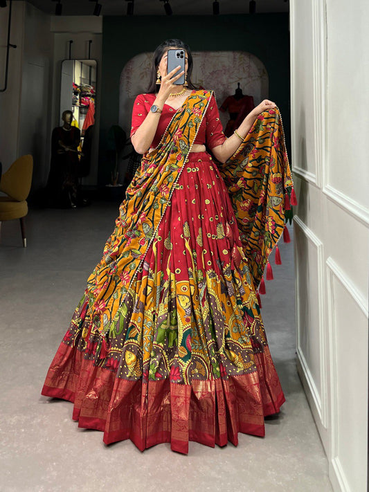 Lovely Red Kalamkari Print Tussar Silk Traditional Wear Lehenga Choli By WTW