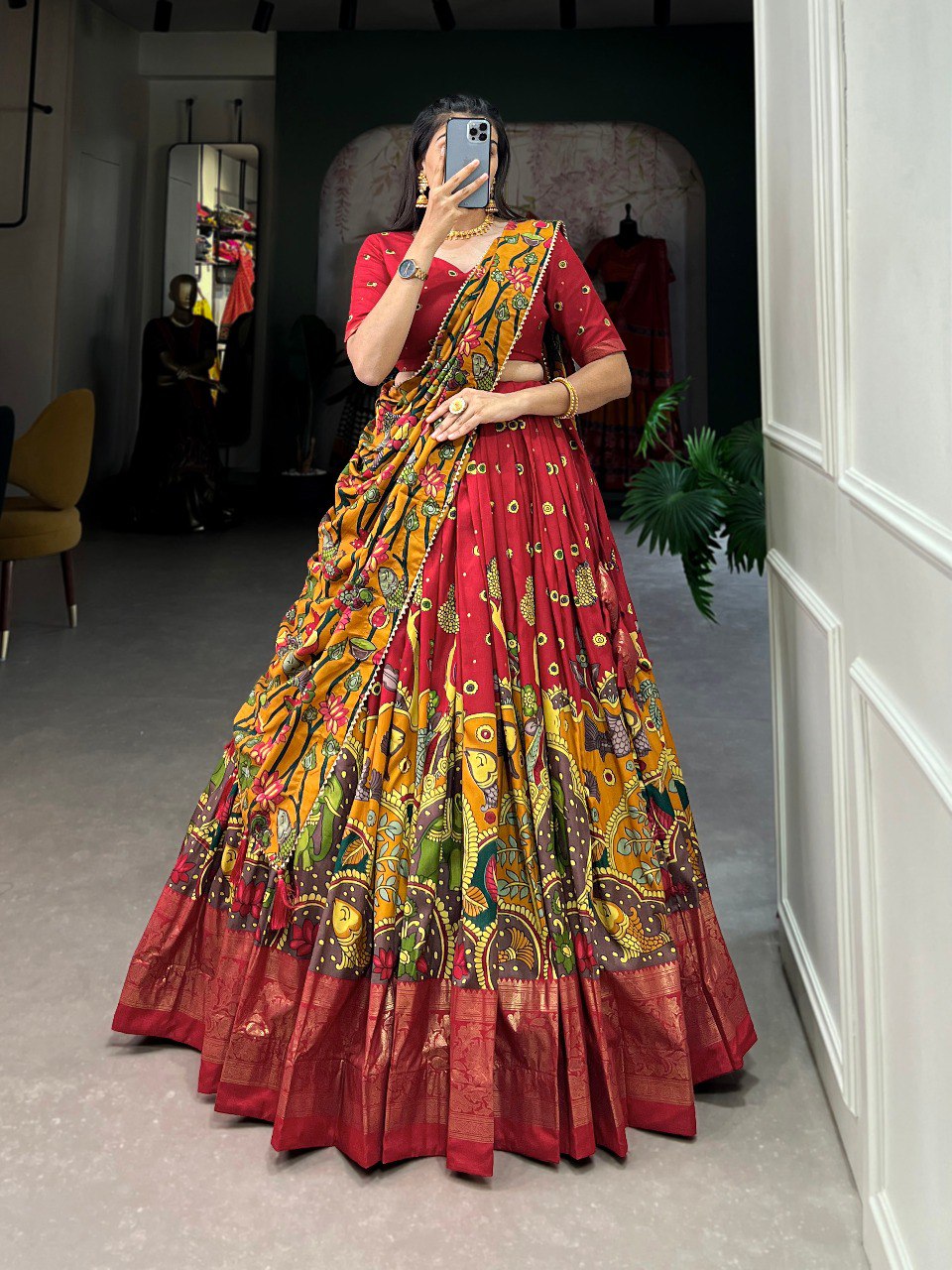 Lovely Red Kalamkari Print Tussar Silk Traditional Wear Lehenga Choli By WTW