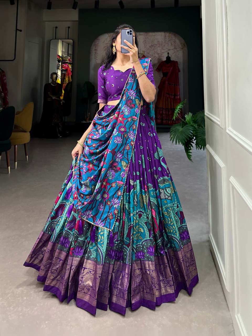 Gorgeous Purple Kalamkari Print Tussar Silk Event Wear Lehenga Choli By WTW