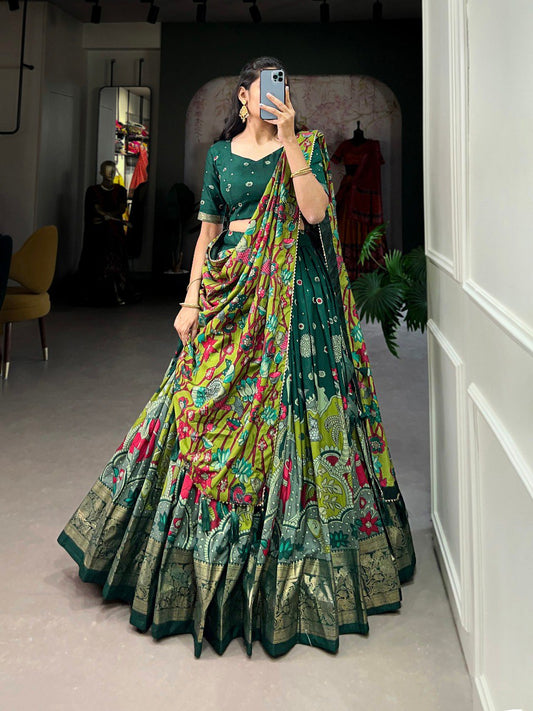 Beautiful Green Kalamkari Printed Silk Navratri Wear Lehenga Choli By WTW