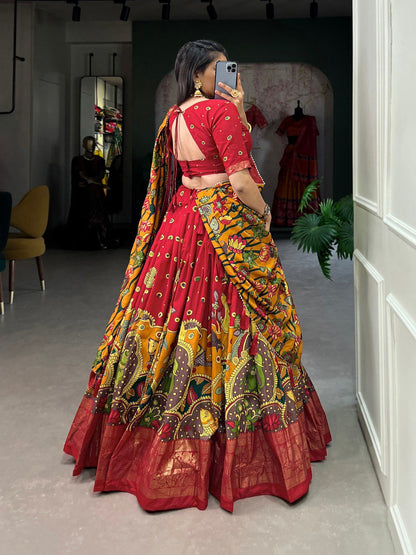 Lovely Red Kalamkari Print Tussar Silk Traditional Wear Lehenga Choli By WTW