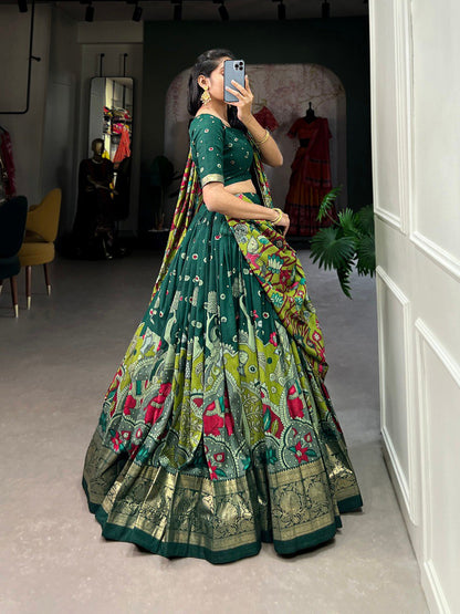 Beautiful Green Kalamkari Printed Silk Navratri Wear Lehenga Choli By WTW