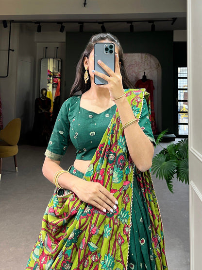 Beautiful Green Kalamkari Printed Silk Navratri Wear Lehenga Choli By WTW