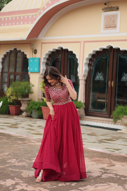 Luxurious Zari-embroidered Red Gown For Discerning Women By WTW