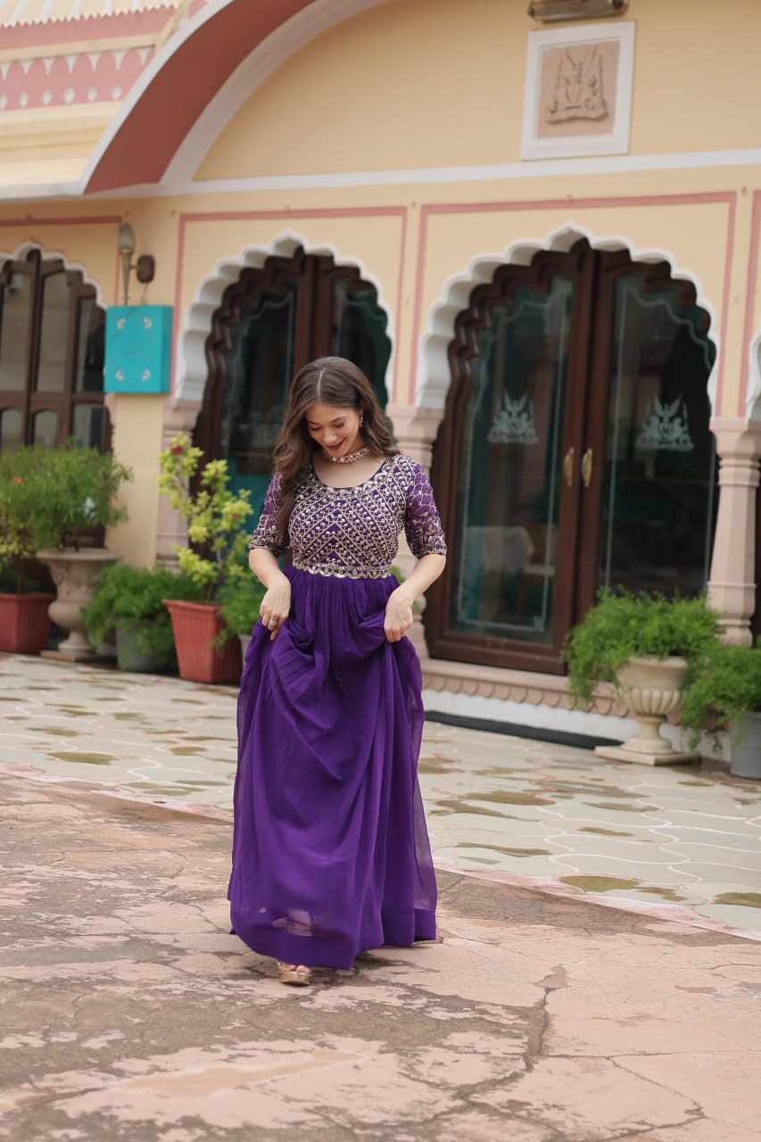 Wonderful Purple Embroidered Georgette Wedding Wear Gown By WTW