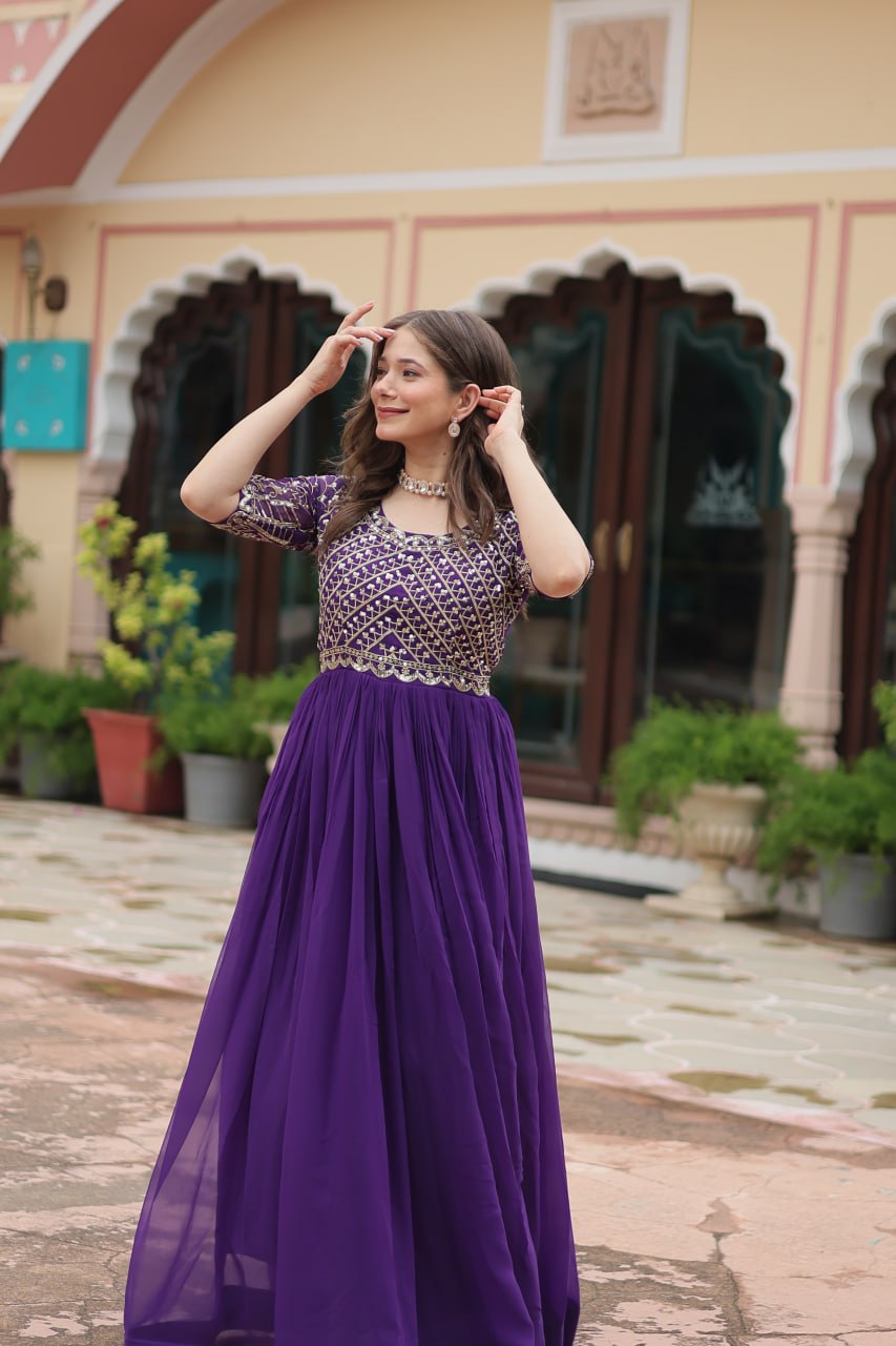 Wonderful Purple Embroidered Georgette Wedding Wear Gown By WTW