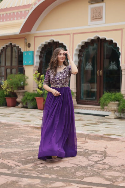 Wonderful Purple Embroidered Georgette Wedding Wear Gown By WTW