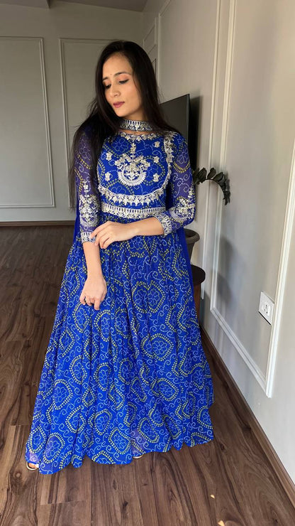 Bandhej Blue Party Wear Embroidery Work Readymade Gown By WTW