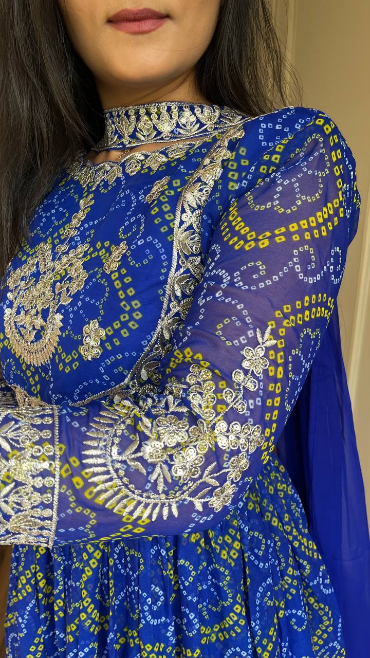 Bandhej Blue Party Wear Embroidery Work Readymade Gown By WTW