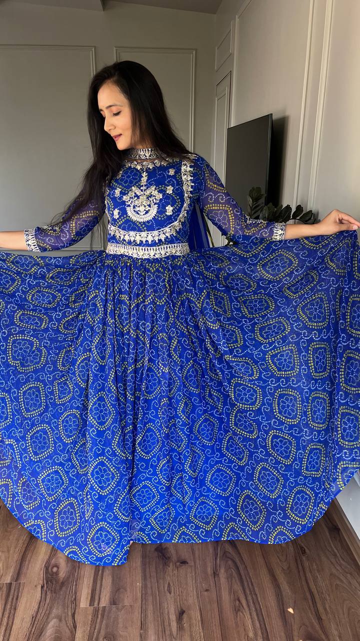 Bandhej Blue Party Wear Embroidery Work Readymade Gown By WTW