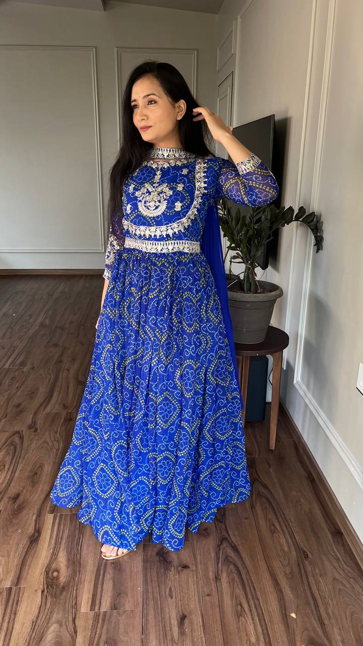 Bandhej Blue Party Wear Embroidery Work Readymade Gown By WTW